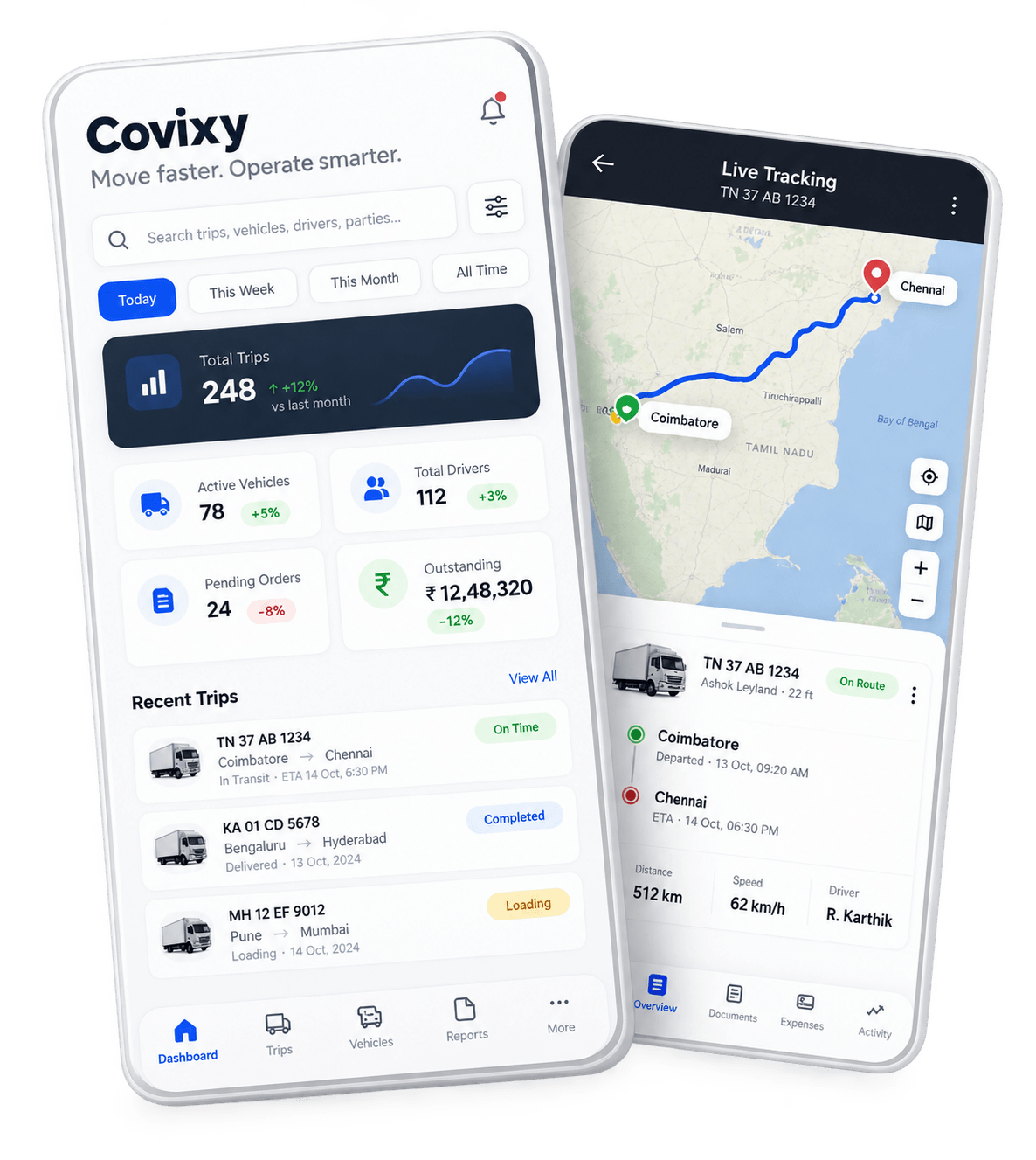 Covixy trip dashboard and live tracking on two phones
